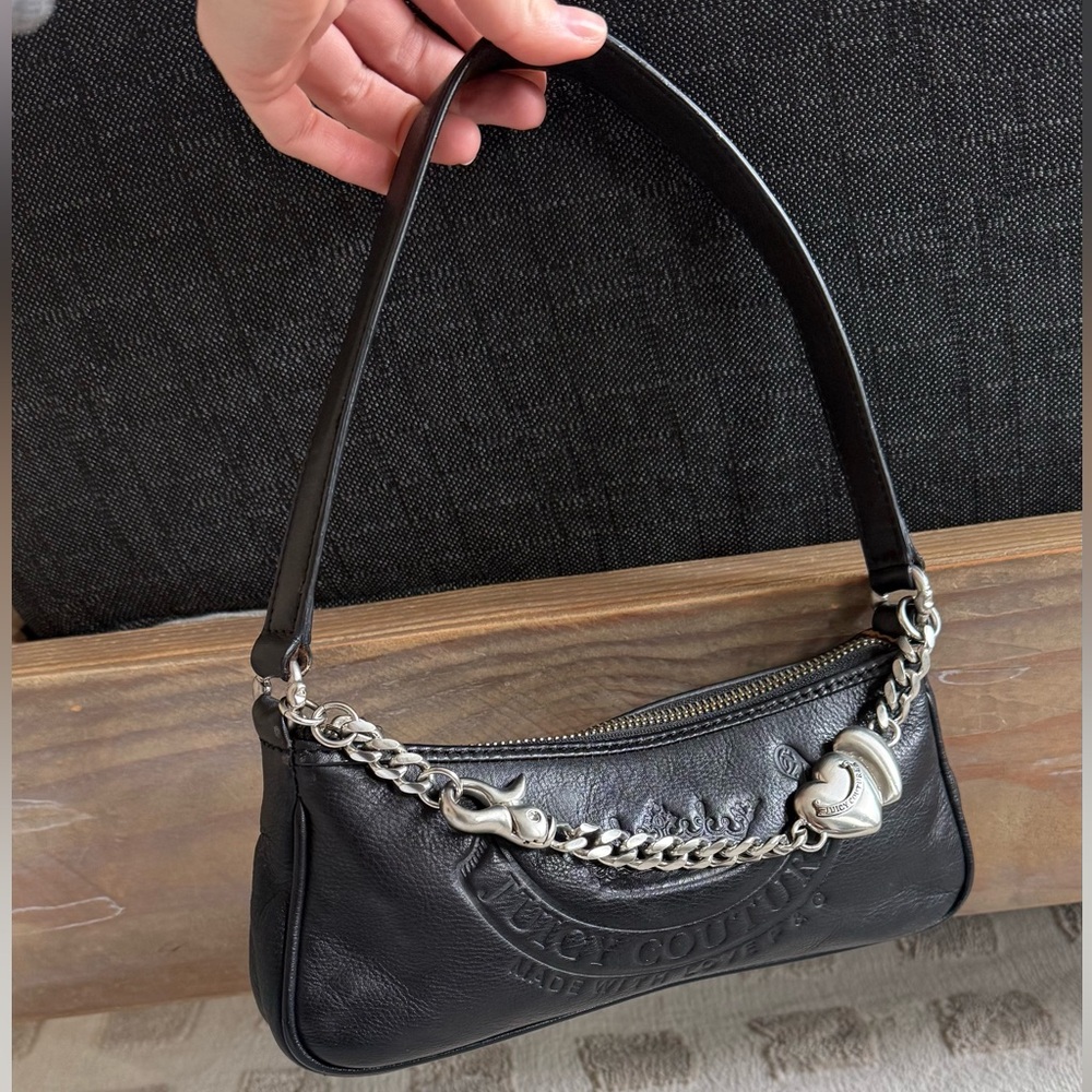 Y2K Vintage Juicy Couture Black Leather Shoulder Bag w/ Silver Heart Chain